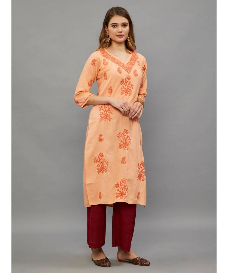 Ethnava Peach Matty Cotton  Lucknowi Chikankari Womens Kurta