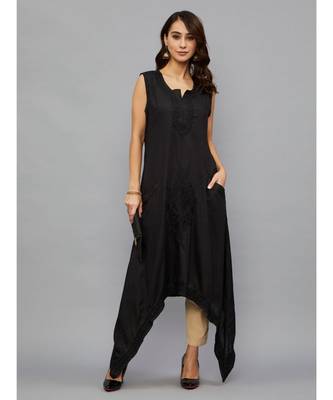 Ethnava Women's Lucknowi Chikankari Hand Embroidered Rayon Slub Trail Cut Kurta 1