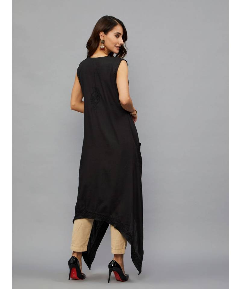 Ethnava Women's Lucknowi Chikankari Hand Embroidered Rayon Slub Trail Cut Kurta