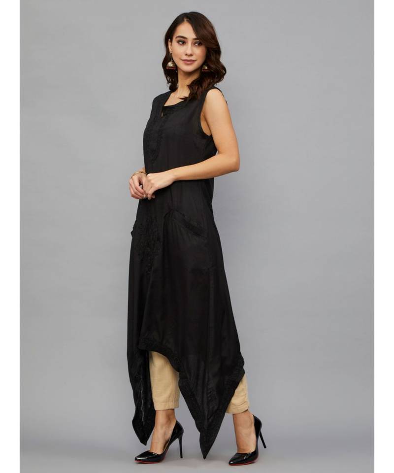 Ethnava Women's Lucknowi Chikankari Hand Embroidered Rayon Slub Trail Cut Kurta