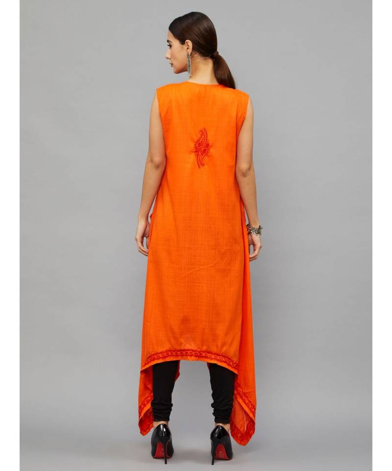 Ethnava Women's Lucknowi Chikankari Hand Embroidered Rayon Slub Trail Cut Kurta