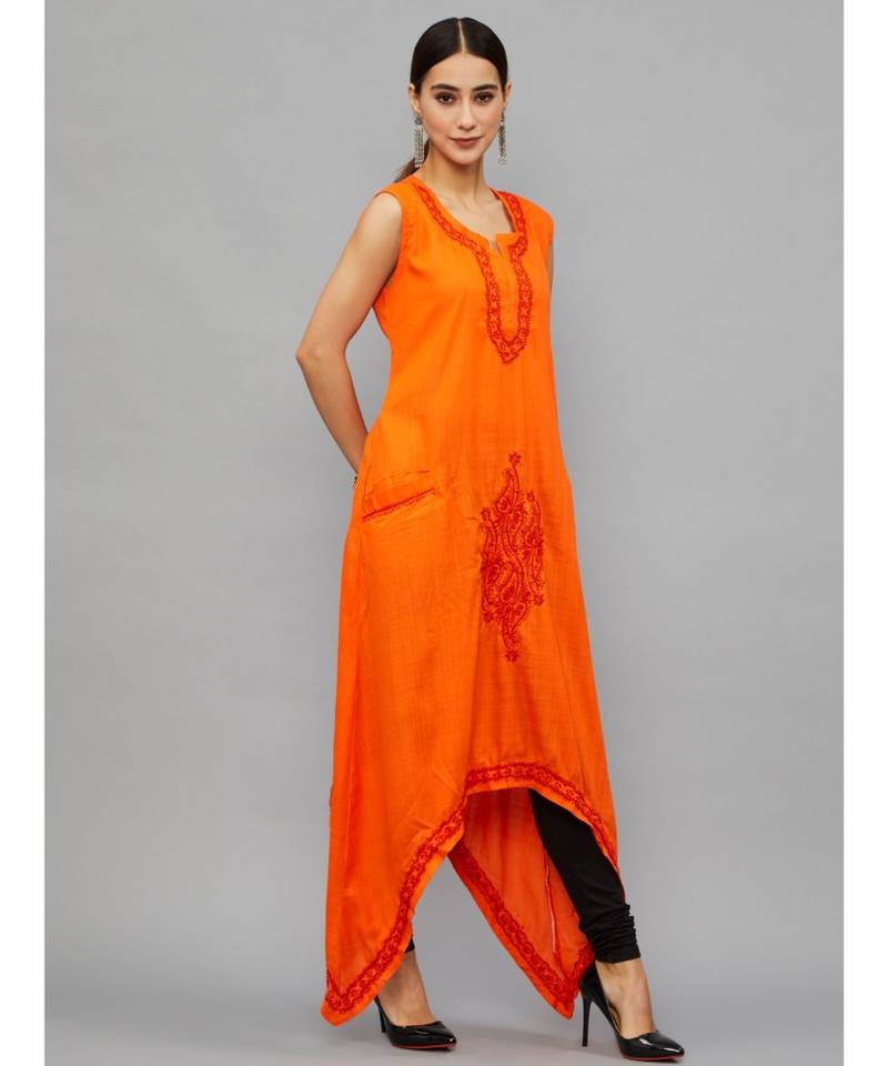 Ethnava Women's Lucknowi Chikankari Hand Embroidered Rayon Slub Trail Cut Kurta