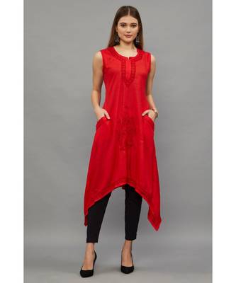 Ethnava Women's Lucknowi Chikankari Hand Embroidered Rayon Slub Trail Cut Kurta 1
