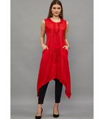 Ethnava Women's Lucknowi Chikankari Hand Embroidered Rayon Slub Trail Cut Kurta