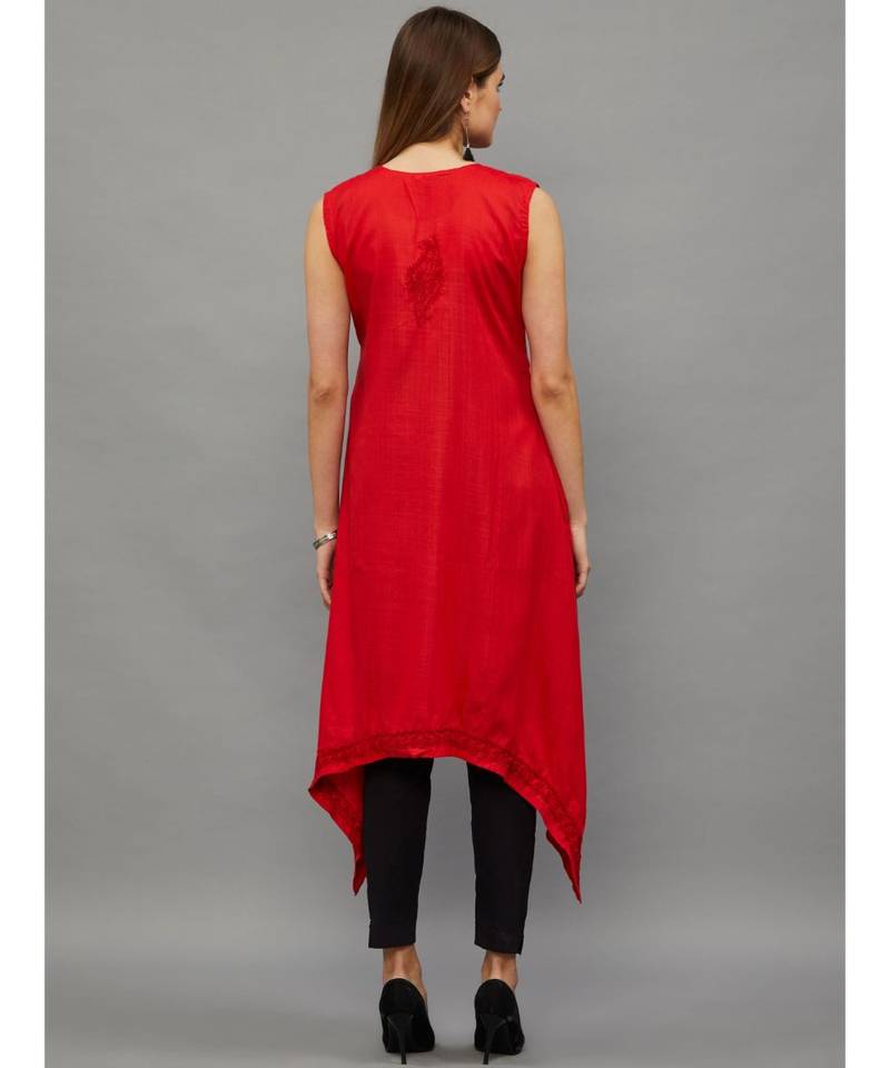 Ethnava Women's Lucknowi Chikankari Hand Embroidered Rayon Slub Trail Cut Kurta