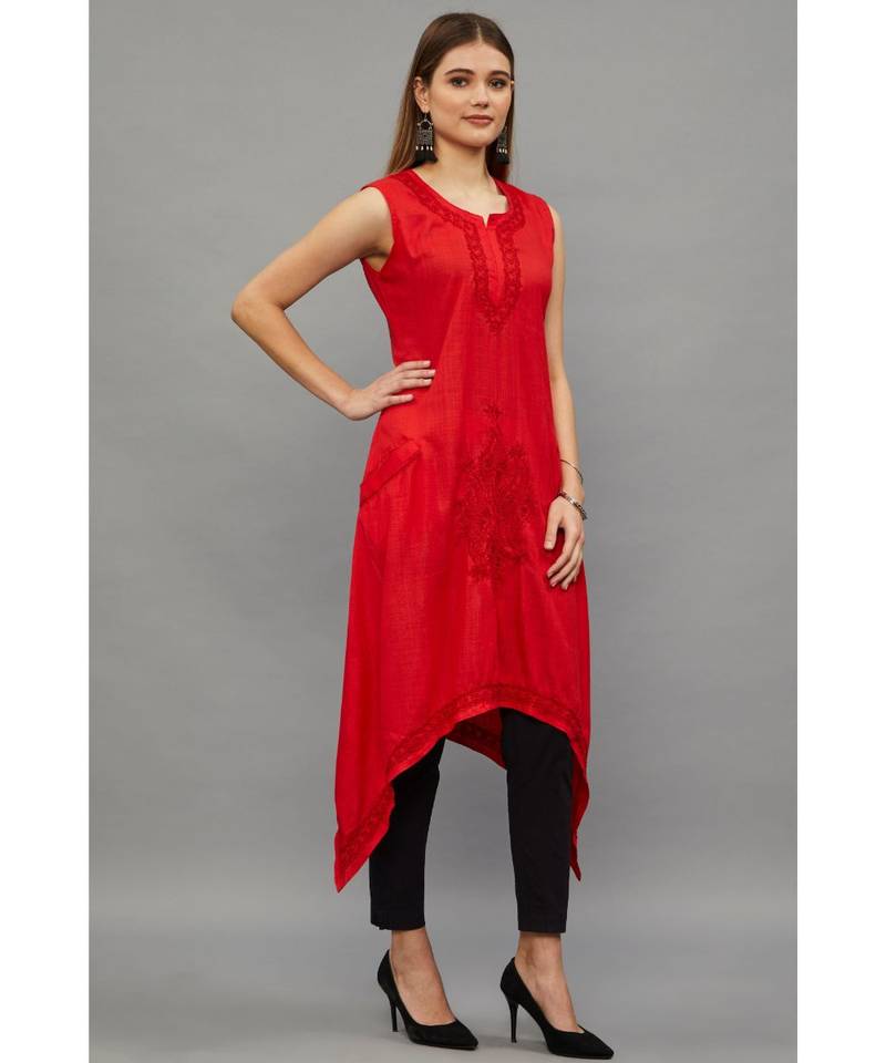 Ethnava Women's Lucknowi Chikankari Hand Embroidered Rayon Slub Trail Cut Kurta