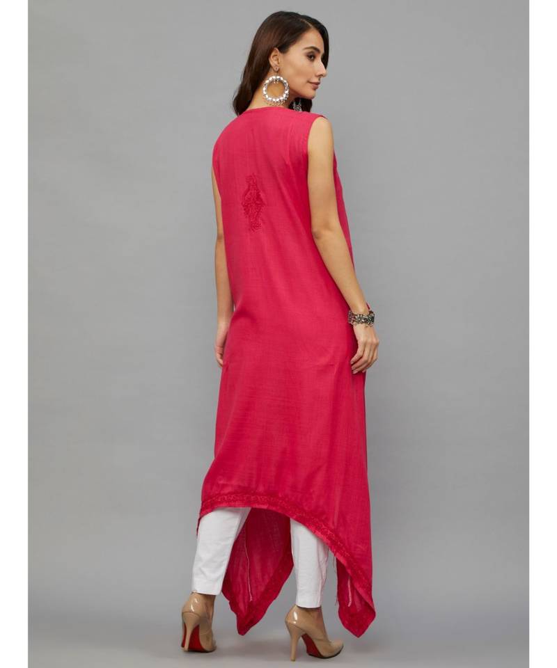 Ethnava Women's Lucknowi Chikankari Hand Embroidered Rayon Slub Trail Cut Kurta