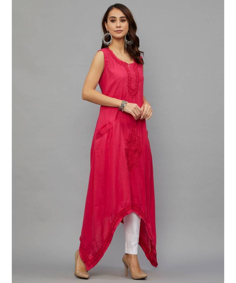 Ethnava Women's Lucknowi Chikankari Hand Embroidered Rayon Slub Trail Cut Kurta