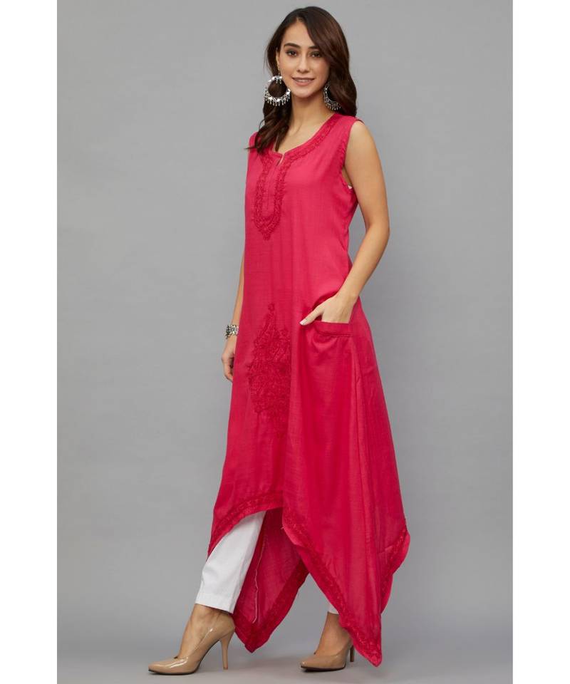 Ethnava Women's Lucknowi Chikankari Hand Embroidered Rayon Slub Trail Cut Kurta