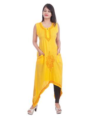 Ethnava Women's Lucknowi Chikankari Hand Embroidered Rayon Slub Trail Cut Kurta 1