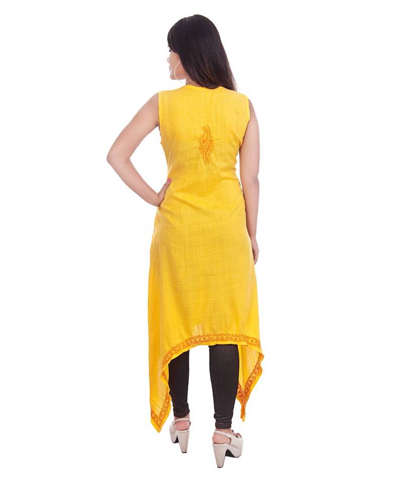 Ethnava Women's Lucknowi Chikankari Hand Embroidered Rayon Slub Trail Cut Kurta