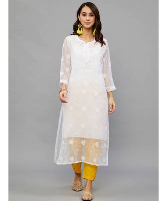 Ethnava White Georgette  Lucknowi Chikankari Womens Kurta With Slip 1