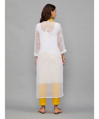 Ethnava White Georgette  Lucknowi Chikankari Womens Kurta With Slip 2