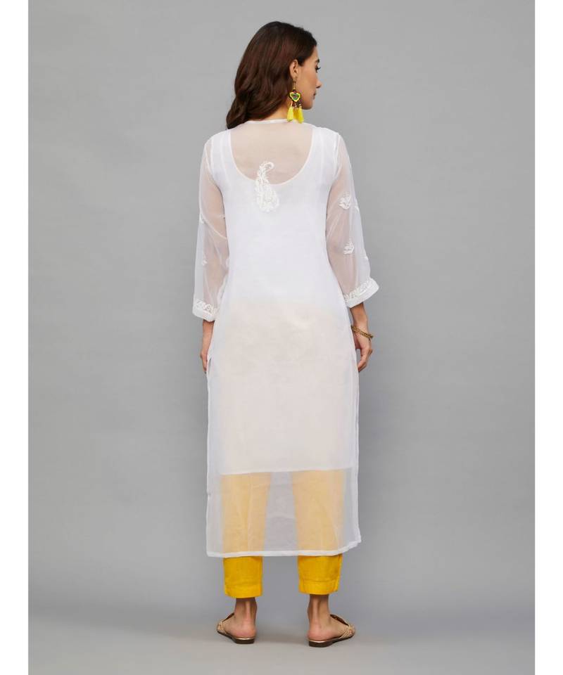 Ethnava White Georgette  Lucknowi Chikankari Womens Kurta With Slip