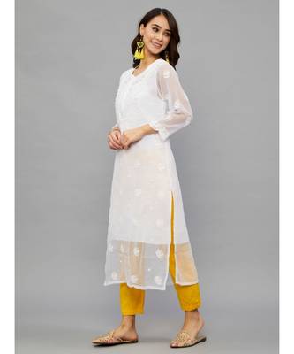 Ethnava White Georgette  Lucknowi Chikankari Womens Kurta With Slip 3