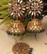 Green Copper Gold Plated Kundan Handmade Light Weight Jhumki Maangtika Set