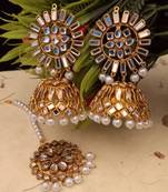 White Copper Gold Plated Kundan Handmade Light Weight Jhumki Maangtika Set