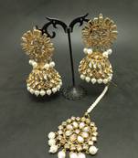 White Copper Gold Plated Kundan Handmade Light Weight Jhumki Maangtika Set