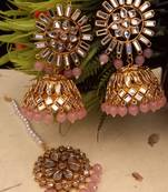 Pink Copper Gold Plated Kundan Handmade Light Weight Jhumki Maangtika Set