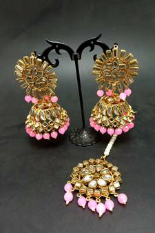 Pink Copper Gold Plated Kundan Handmade Light Weight Jhumki Maangtika Set