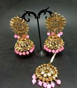 Pink Copper Gold Plated Kundan Handmade Light Weight Jhumki Maangtika Set