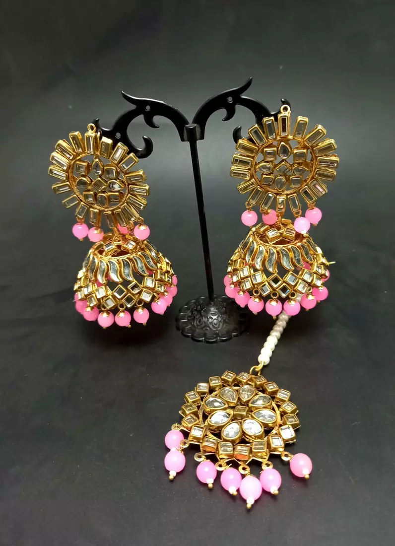 Pink Copper Gold Plated Kundan Handmade Light Weight Jhumki Maangtika Set