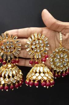 Maroon Copper Gold Plated Kundan Handmade Light Weight Jhumki Maangtika Set