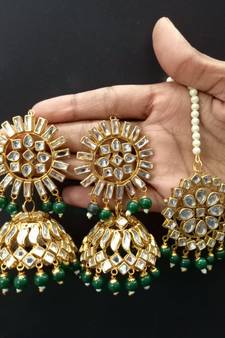 Green Copper Gold Plated Kundan Handmade Light Weight Jhumki Maangtika Set