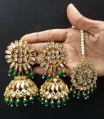 Green Copper Gold Plated Kundan Handmade Light Weight Jhumki Maangtika Set