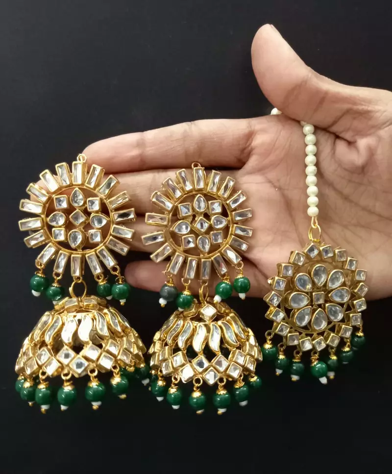 Green Copper Gold Plated Kundan Handmade Light Weight Jhumki Maangtika Set