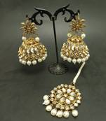 White Copper Gold Plated Kundan Handmade Light Weight Jhumki Maangtika Set