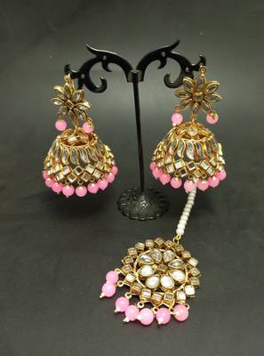 Pink Copper Gold Plated Kundan Handmade Light Weight Jhumki Maangtika Set 1