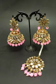 Pink Copper Gold Plated Kundan Handmade Light Weight Jhumki Maangtika Set