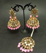 Pink Copper Gold Plated Kundan Handmade Light Weight Jhumki Maangtika Set