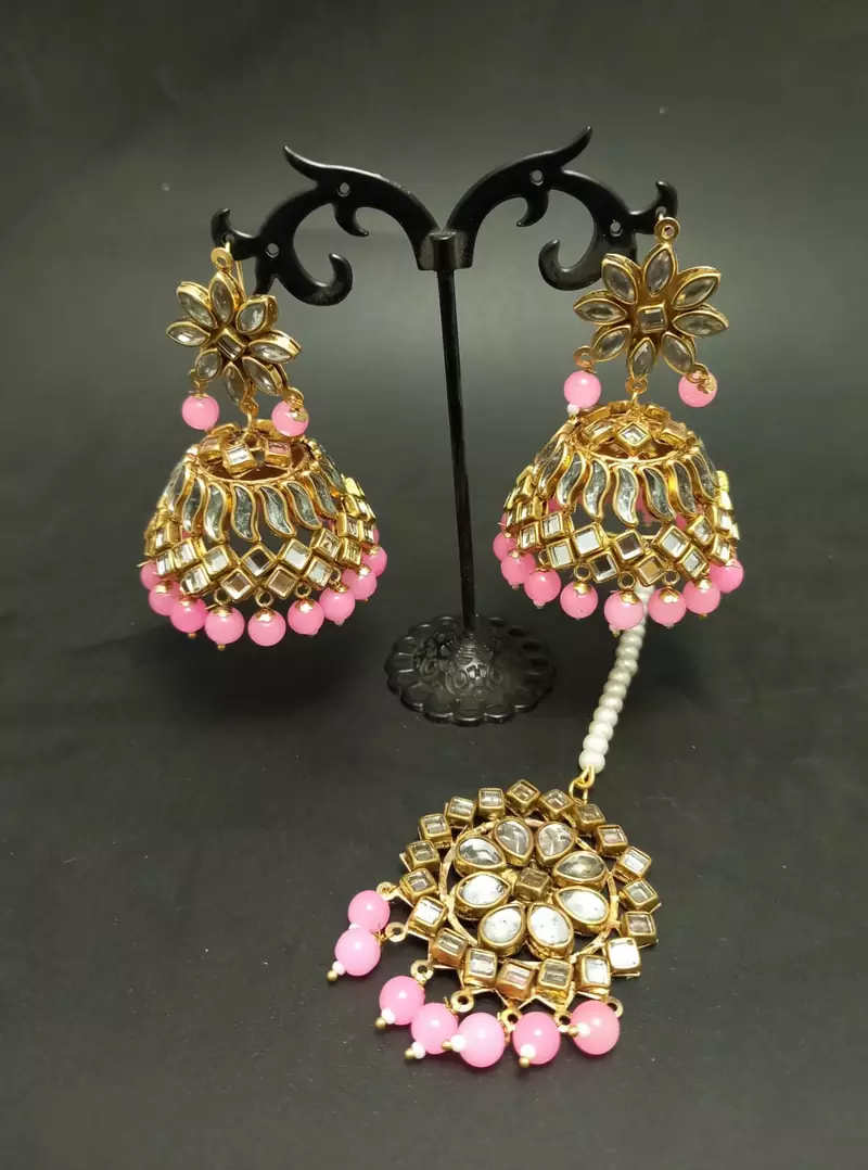 Pink Copper Gold Plated Kundan Handmade Light Weight Jhumki Maangtika Set