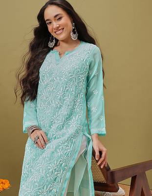Hand Embroidered Green Georgette Lucknow Chikankari Women Kurta With Slip 5