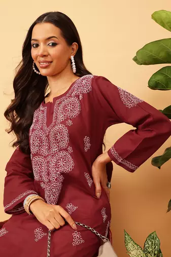 Hand Embroidered Maroon Cotton Lucknowi Chikankari Women Kurta