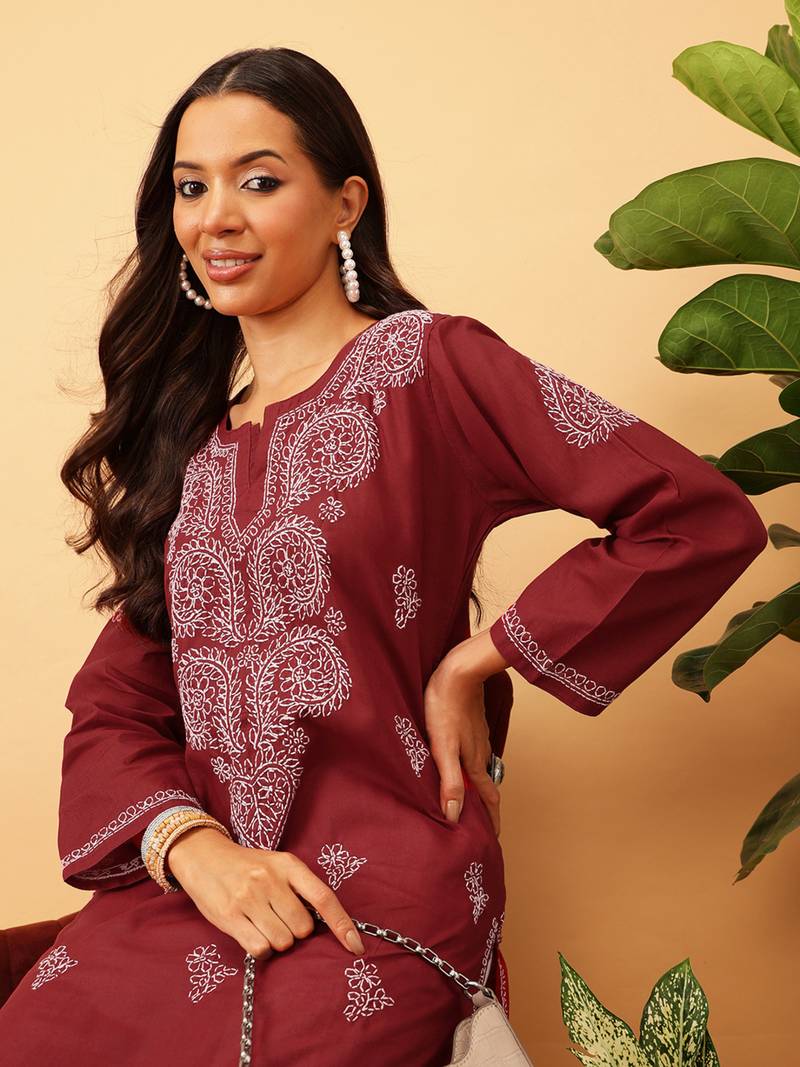 Hand Embroidered Maroon Cotton Lucknowi Chikankari Women Kurta