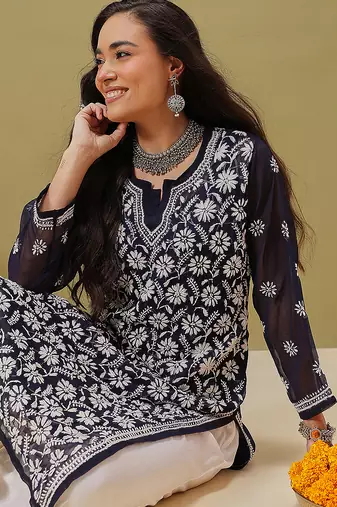 Hand Embroidered Navy Blue Georgette Lucknowi Chikankari Women Kurta With Slip