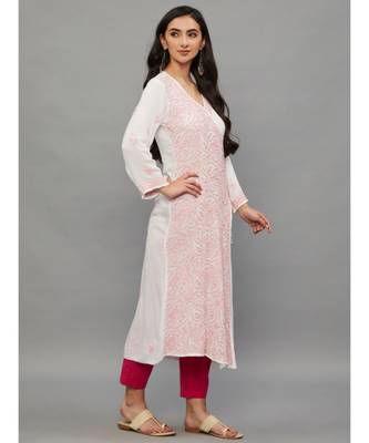 Ethnava Baby Pink Rayon Lucknowi Chikankari Women's Kurta 1