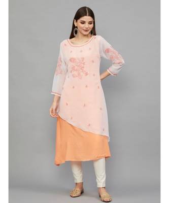 Ethnava Peach Georgette Lucknowi Chikankari Women's Kurta 1