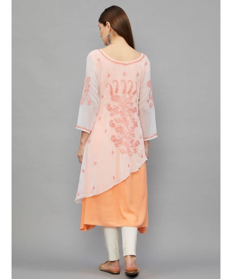 Ethnava Peach Georgette Lucknowi Chikankari Women's Kurta