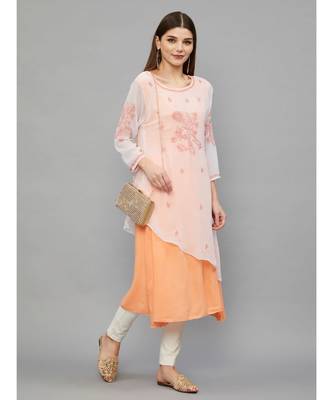 Ethnava Peach Georgette Lucknowi Chikankari Women's Kurta 3