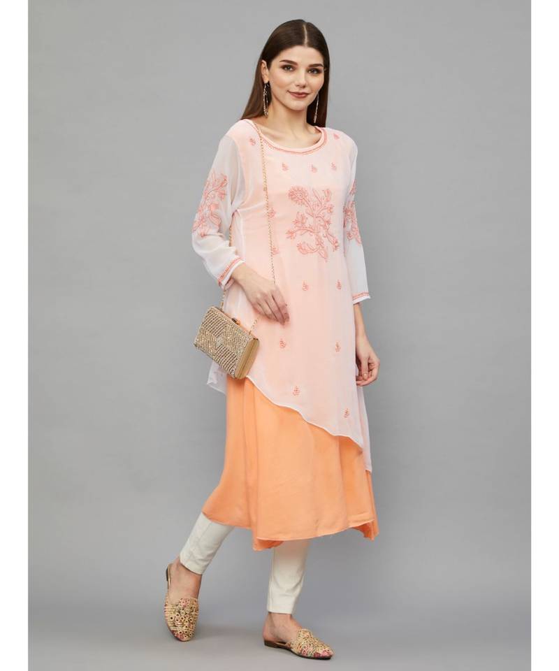 Ethnava Peach Georgette Lucknowi Chikankari Women's Kurta
