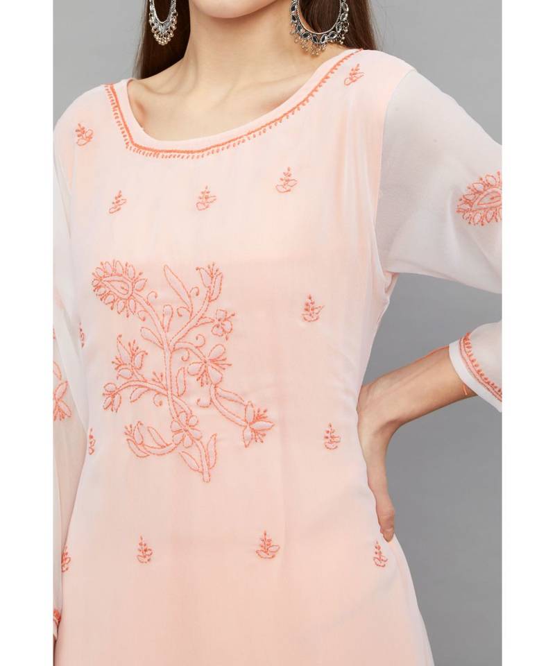 Ethnava Peach Georgette Lucknowi Chikankari Women's Kurta