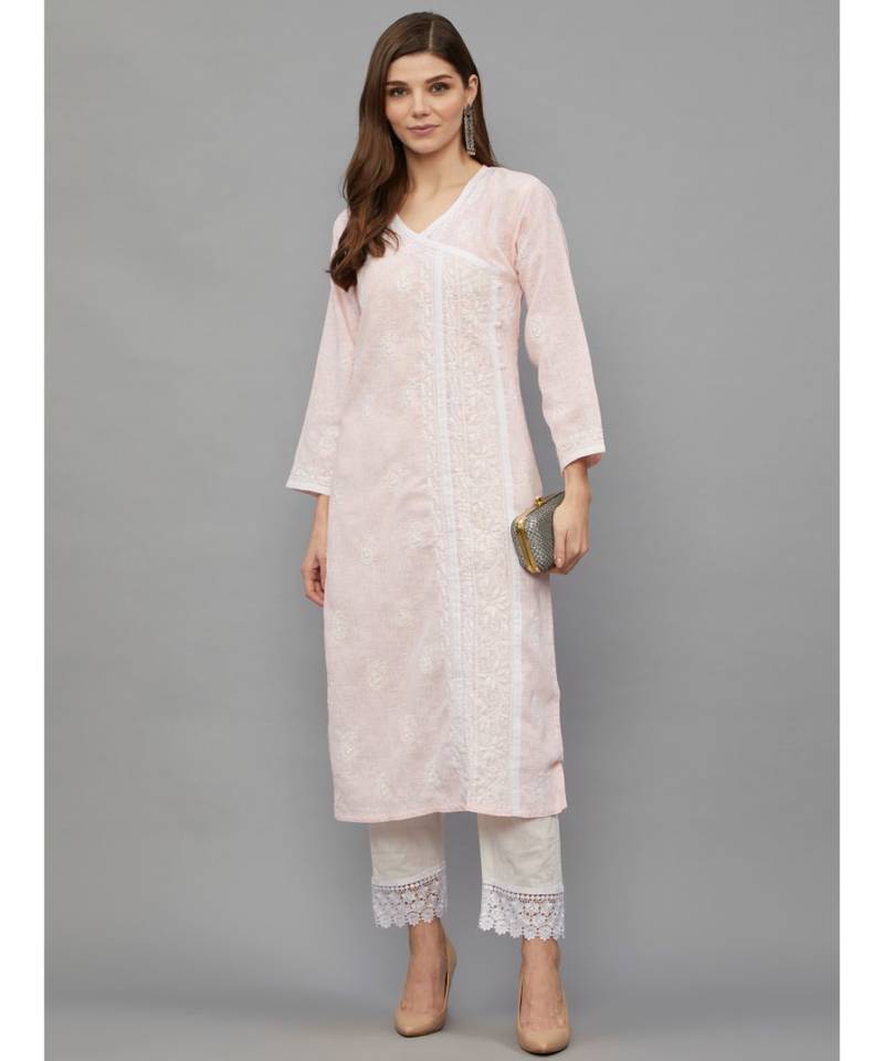 Ethnava Peach Modal Cotton Lucknowi Chikankari Women's Kurta