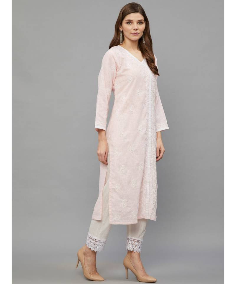 Ethnava Peach Modal Cotton Lucknowi Chikankari Women's Kurta