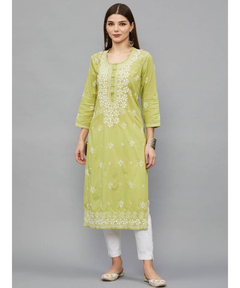 Ethnava Green Cotton  Lucknowi Chikankari Womens Kurta