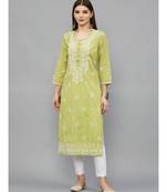 Ethnava Green Cotton  Lucknowi Chikankari Womens Kurta
