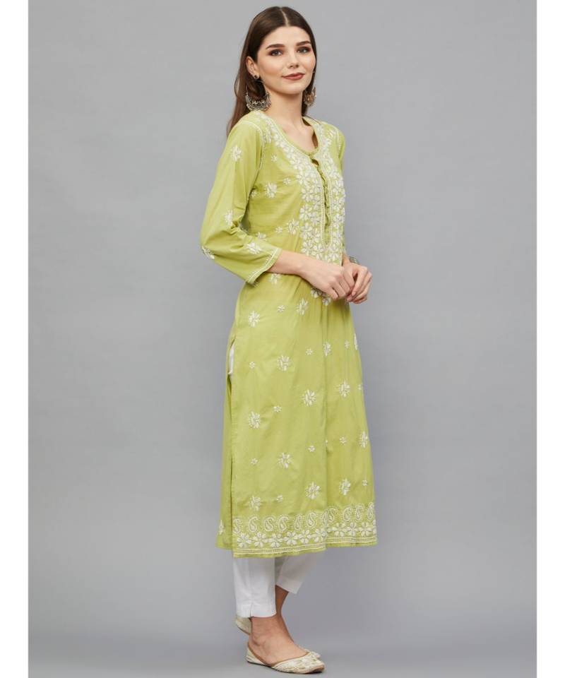 Ethnava Green Cotton  Lucknowi Chikankari Womens Kurta